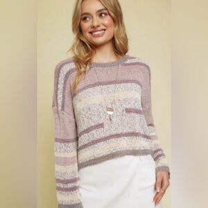 MYSTREE Lavender Pink & Cream Striped Chunky Nubby Cropped Slouchy Sweater Large